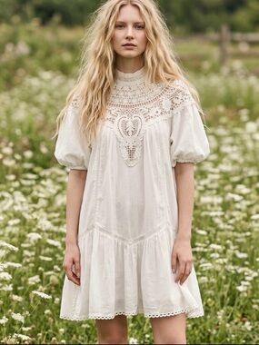 Anthropologie high neck lace tunic dress size Large petite new ivory